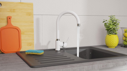 Spültischarmatur DIZIANI, Wasserhahn Küche, 360° schwenkbar, ideal auch für Doppelspülbecken, Chrom/Weiß