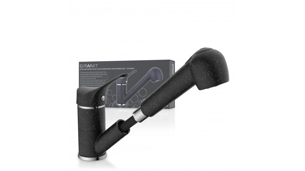 Spültischarmatur GRANIT, herausziehbarer Geschirrbrause, schwenkbar, Granit/Schwarz