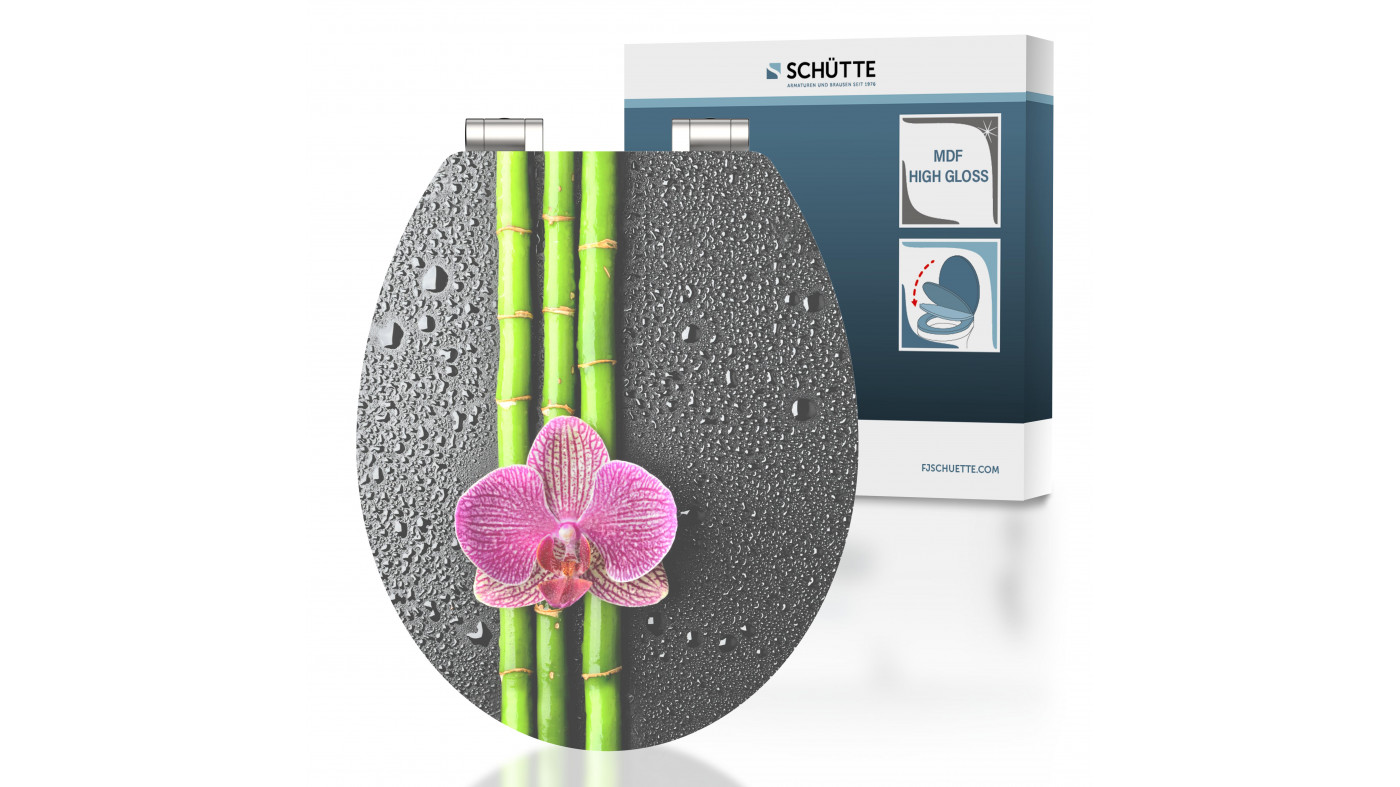 Toilettensitz mit Bambusmotiv und pinker Orchidee vor Verpackung mit Herstellerlogo.