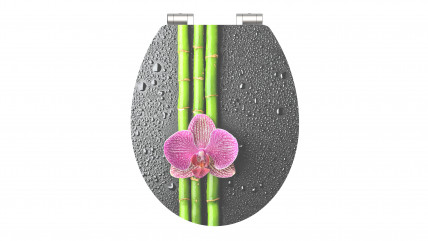 Toilettensitz mit Bambusmotiv und pinker Orchidee vor Verpackung mit Herstellerlogo.