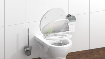 Toilettensitz mit Bambusmotiv und pinker Orchidee vor Verpackung mit Herstellerlogo.