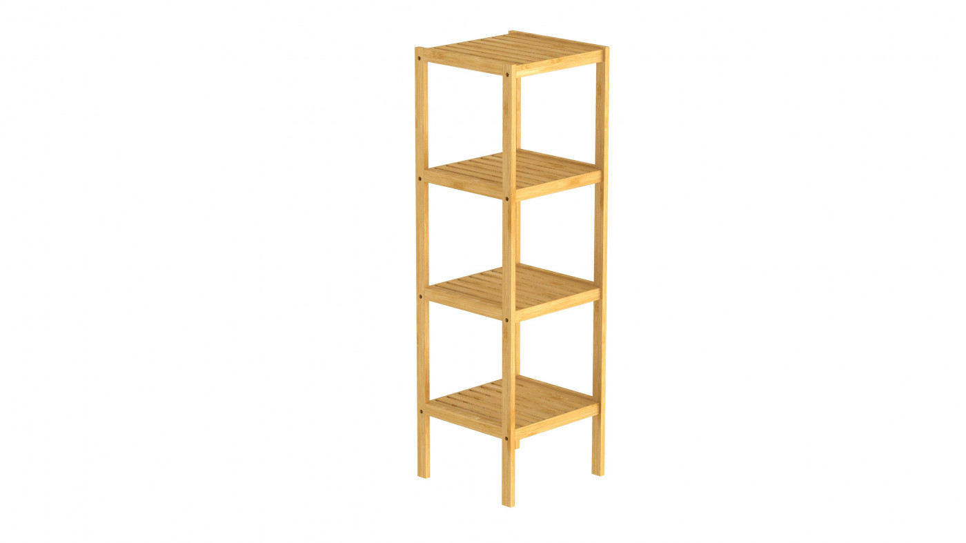 Vierstöckiges Regal aus hellem Holz mit Lattenböden und offenen Seiten.