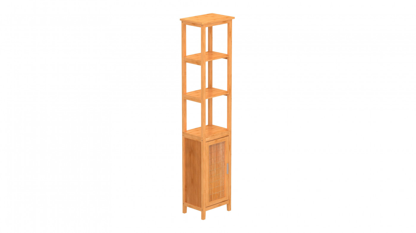 Schmales Regal aus Holz mit drei offenen Fächern und einem unteren Fach mit Tür.