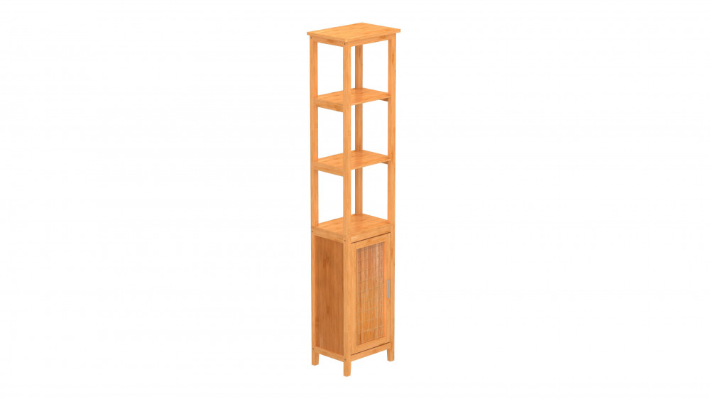 Schmales Regal aus Holz mit drei offenen Fächern und einem unteren Fach mit Tür.