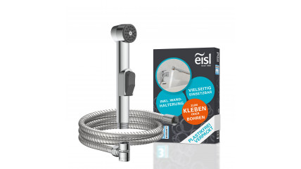 Metallische Handbrause mit flexiblem Brauseschlauch und Verpackung im Hintergrund.