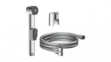 Metallische Handbrause mit flexiblem Brauseschlauch und Verpackung im Hintergrund.