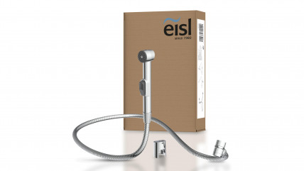 Metallische Handbrause mit flexiblem Brauseschlauch und Verpackung im Hintergrund.