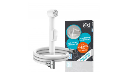 Weiße Handbrause mit montiertem Schlauch und Wandhalterung vor Produktverpackung.