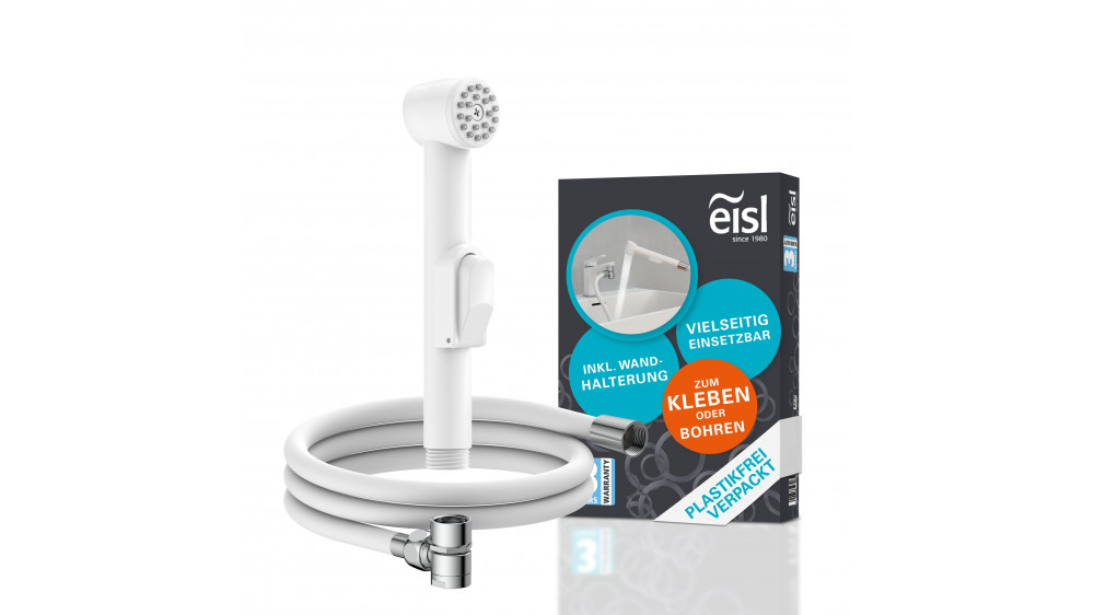 Weiße Handbrause mit montiertem Schlauch und Wandhalterung vor Produktverpackung.