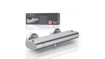 Chromfarbene Thermostat-Duscharmatur mit zwei Drehgriffen und passender Verpackung – Carneo.