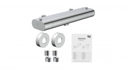Chromfarbene Thermostat-Duscharmatur mit zwei Drehgriffen und passender Verpackung – Carneo.