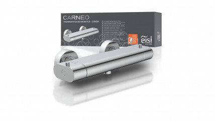 Chromfarbene Thermostat-Duscharmatur mit zwei Drehgriffen und passender Verpackung – Carneo.