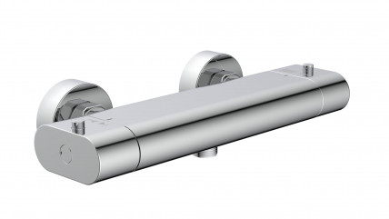 Chromfarbene Thermostat-Duscharmatur mit zwei Drehgriffen und passender Verpackung – Carneo.