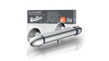 Chromfarbene Thermostat-Duscharmatur mit zwei Drehreglern vor Verpackung – Claudio.