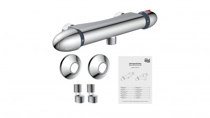 Chromfarbene Thermostat-Duscharmatur mit zwei Drehreglern vor Verpackung – Claudio.
