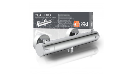 Chromfarbene Thermostat-Duscharmatur mit zwei Drehgriffen vor grauer Verpackung – Claudio.