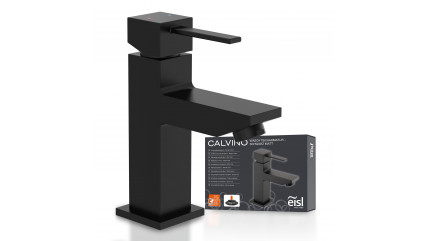 Schwarze eckige Waschtischarmatur mit Hebelgriff vor passender Produktverpackung – Calvino.